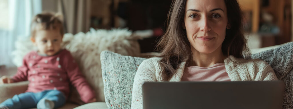 Generations Gen X person on laptop with child in the background