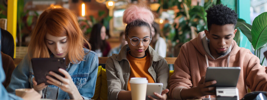 Generations: Gen Z people on laptops, phones and tablets