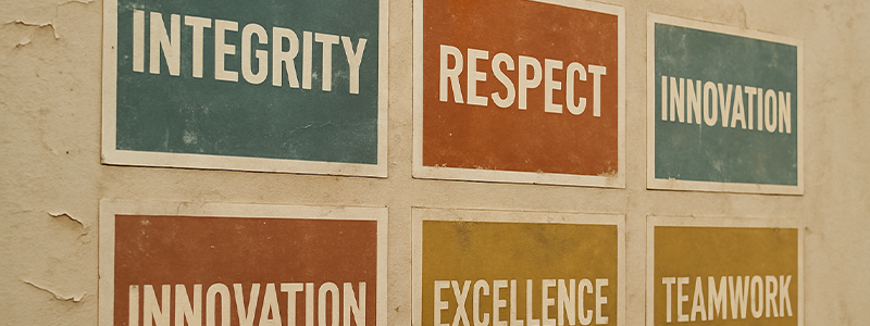 Company Values posters on a wall outdated