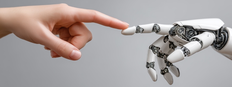 Human hand touching a robotic hand, symbolising collaboration between humans and AI